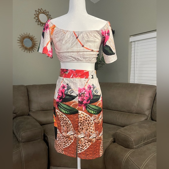 NEW 2pc Boho Tropical Off Shoulder Crop Top & High Waist Skirt Set Sz L Large - Picture 2 of 5